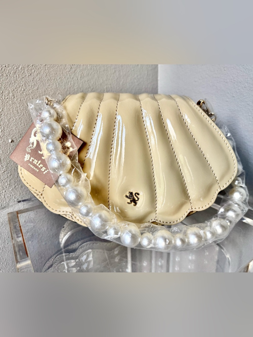 Pratesi Cream Quilted Shell Mini Shoulder Bag with Pearl Strap
